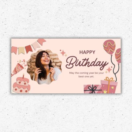 Blush pink personalized birthday backdrop with photo frame printed in Oxnard California