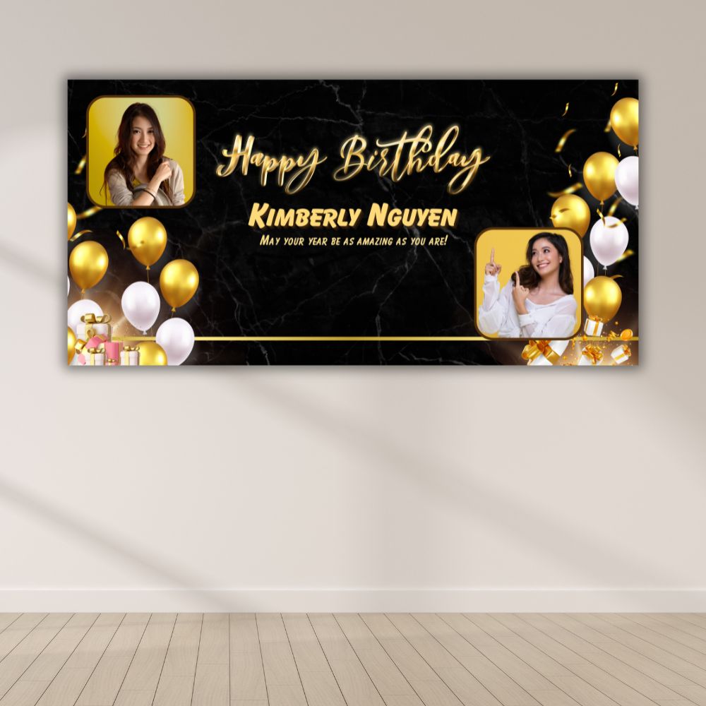 Black and gold luxury birthday backdrop with custom photos printed in Oxnard California Black and gold luxury birthday backdrop with custom photos printed in Oxnard California