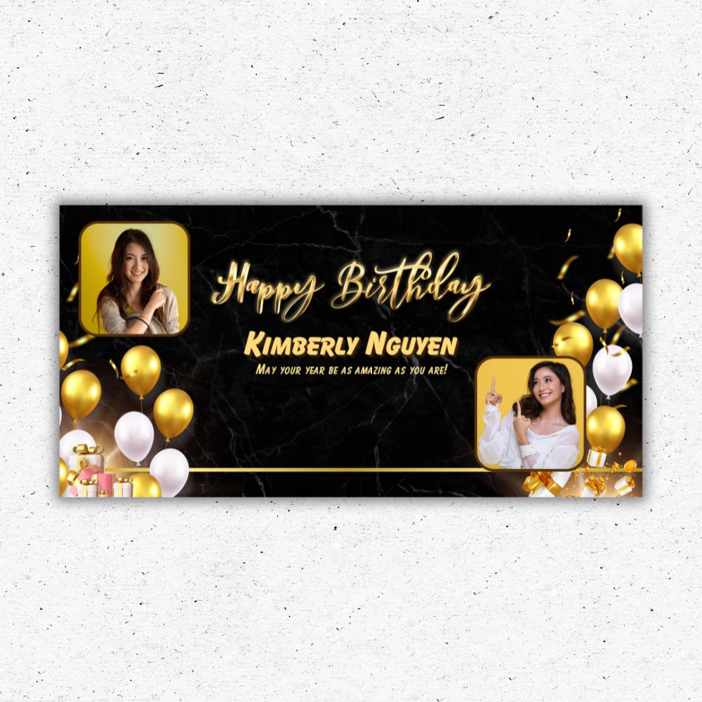 Midnight Luxe Black and Gold Birthday Backdrop Black and gold luxury birthday backdrop with custom photos printed in Oxnard California