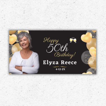 Black and gold 50th birthday backdrop with personalized photo printed in Oxnard California