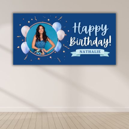 Modern blue personalized birthday backdrop with photo frame printed in Oxnard California