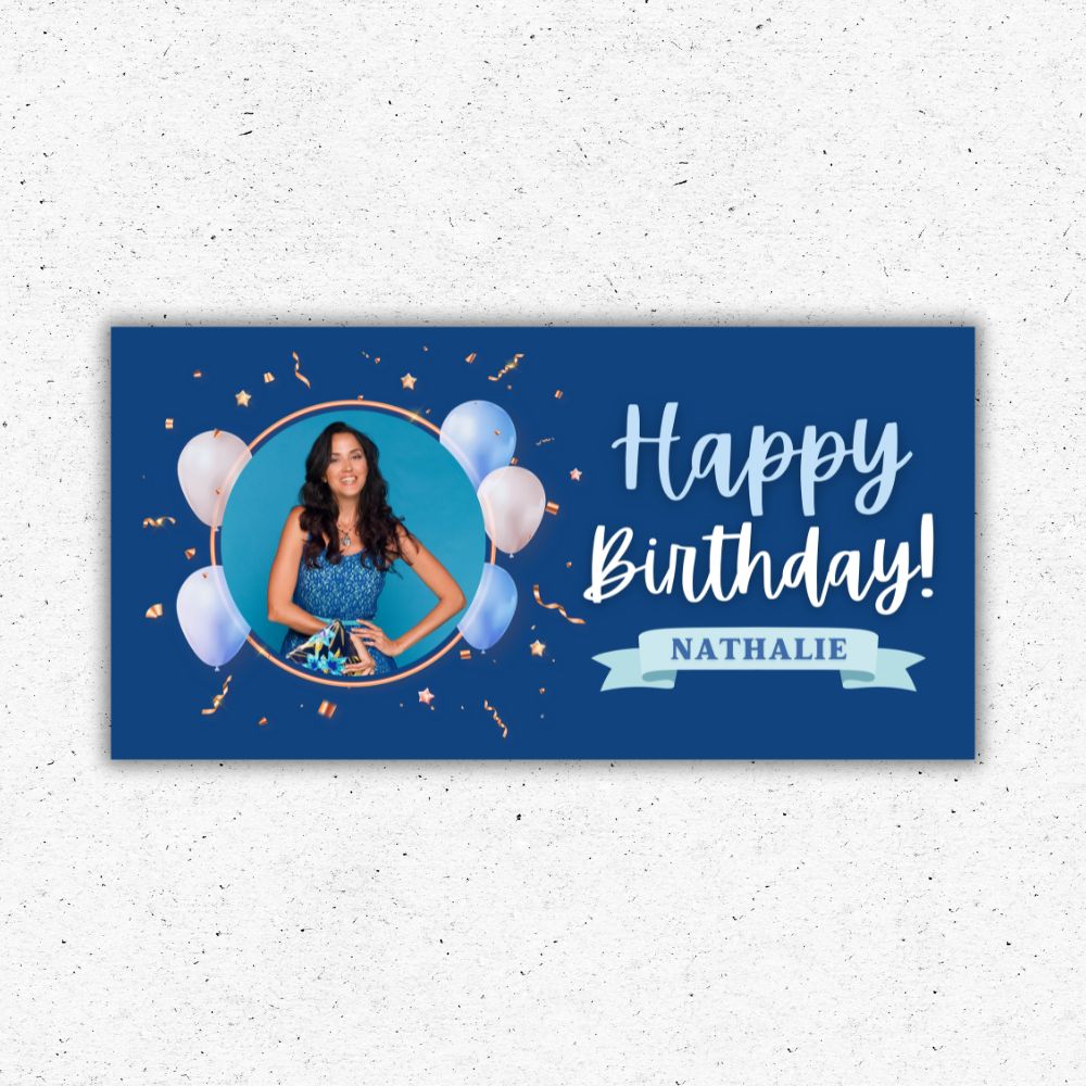 Modern Blue Personalized Birthday Backdrop Modern blue personalized birthday backdrop with photo frame printed in Oxnard California