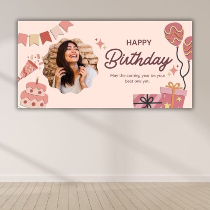 Blush pink personalized birthday backdrop with photo frame printed in Oxnard California