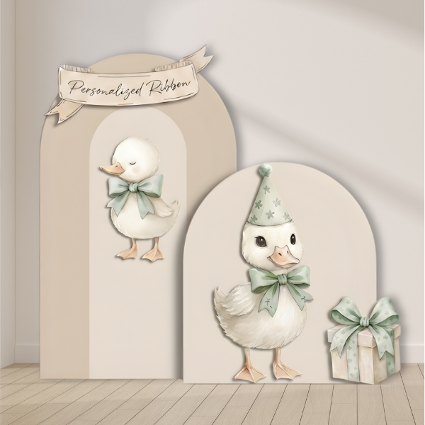 duck first birthday backdrop arch panels with duck character and personalized ribbon
