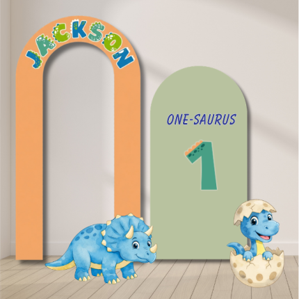one saurus backdrop dinosaur birthday party setup with balloons and decorations