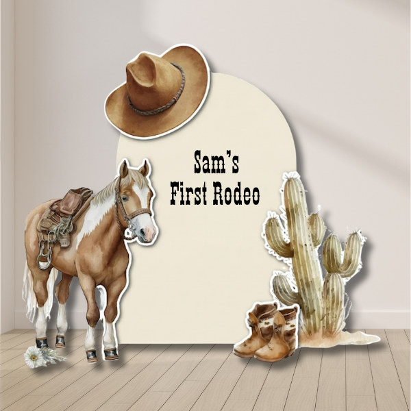 First rodeo birthday backdrop with horse cactus and boots western theme