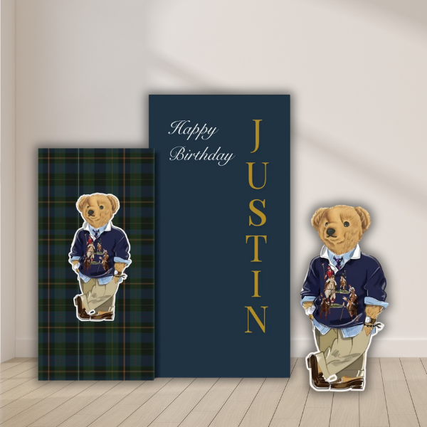 teddy bear birthday backdrop plaid preppy setup with character cutouts