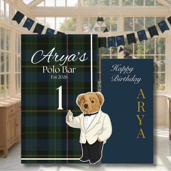 preppy polo birthday backdrop plaid polo bar setup with teddy bear cutout