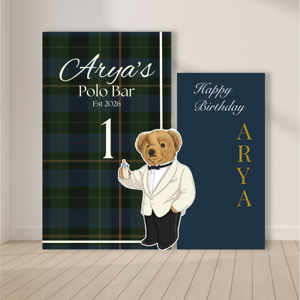 preppy polo birthday backdrop plaid polo bar setup with teddy bear cutout