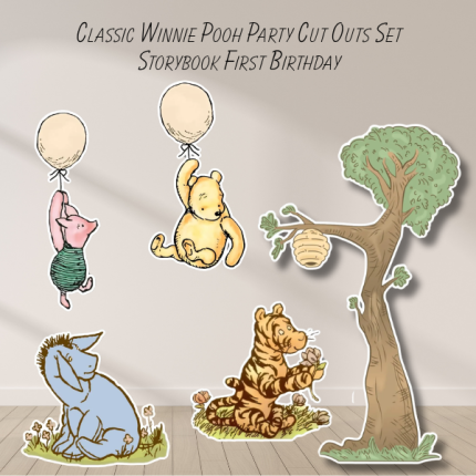 storybook bear cutouts first birthday party props with tree and balloon characters