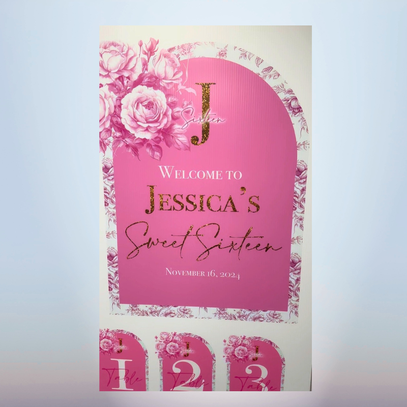 sweet sixteen welcome sign floral pink custom event decor Ventura