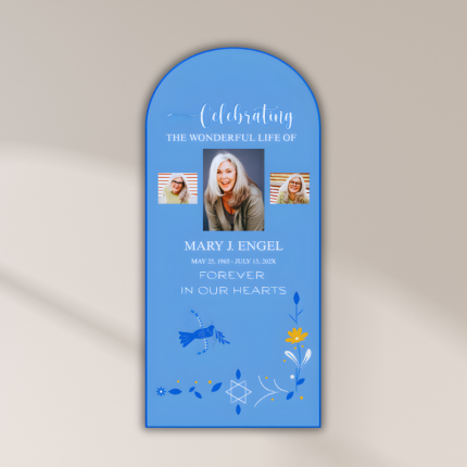 arched celebration of life sign with photo collage memorial board Oxnard Ventura Camarillo