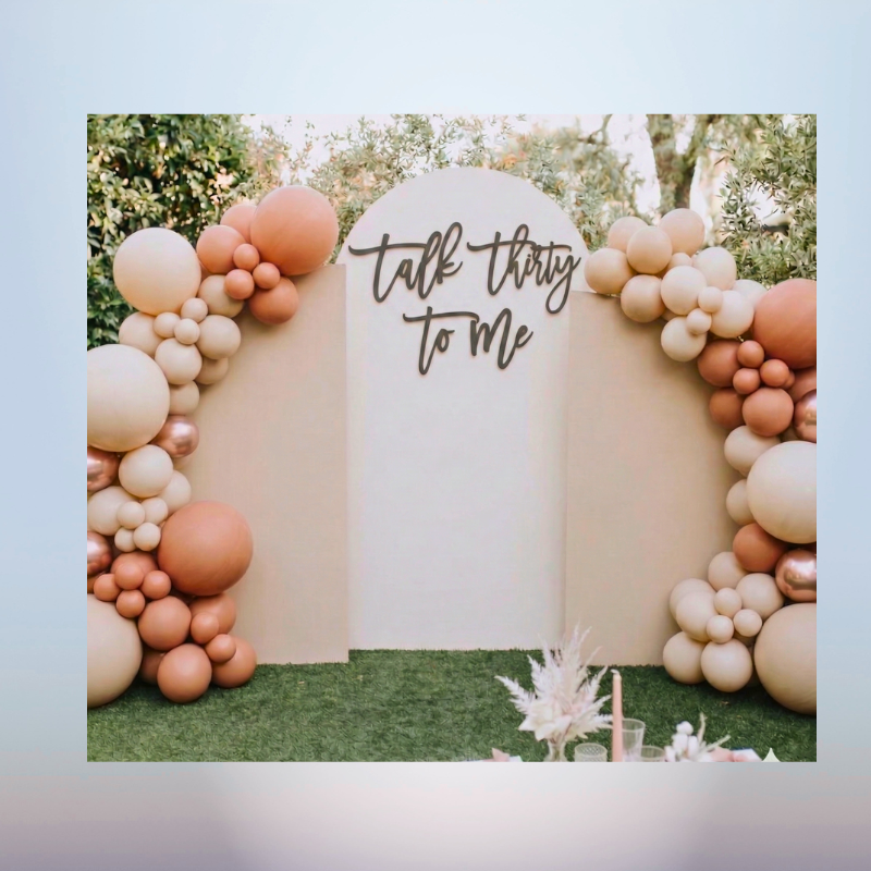 thirty birthday backdrop neutral tones balloon arch event decor Oxnard