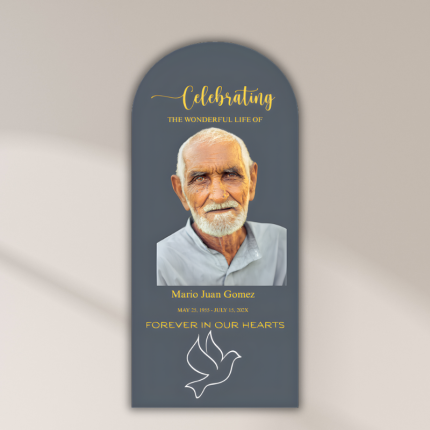 arched celebration of life sign with single photo memorial board Oxnard Ventura Camarillo