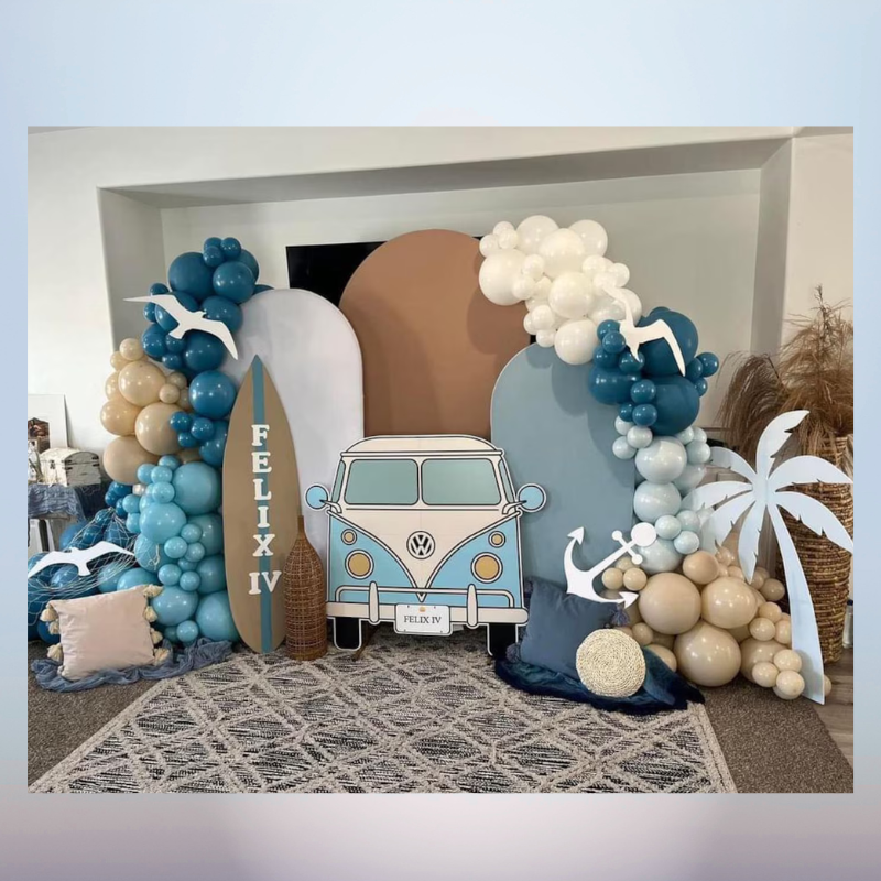 surf theme birthday backdrop VW bus balloon decor Ventura County