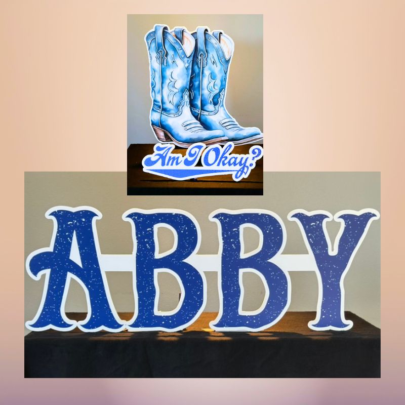 Western Name Sign – Custom Cowboy Theme Decor Abby custom name sign with cowboy boots western themed party decoration Ventura County
