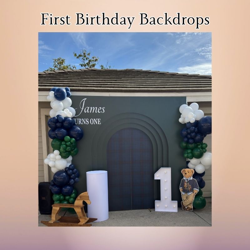 first birthday backdrop with custom printed design for party setup in Oxnard California