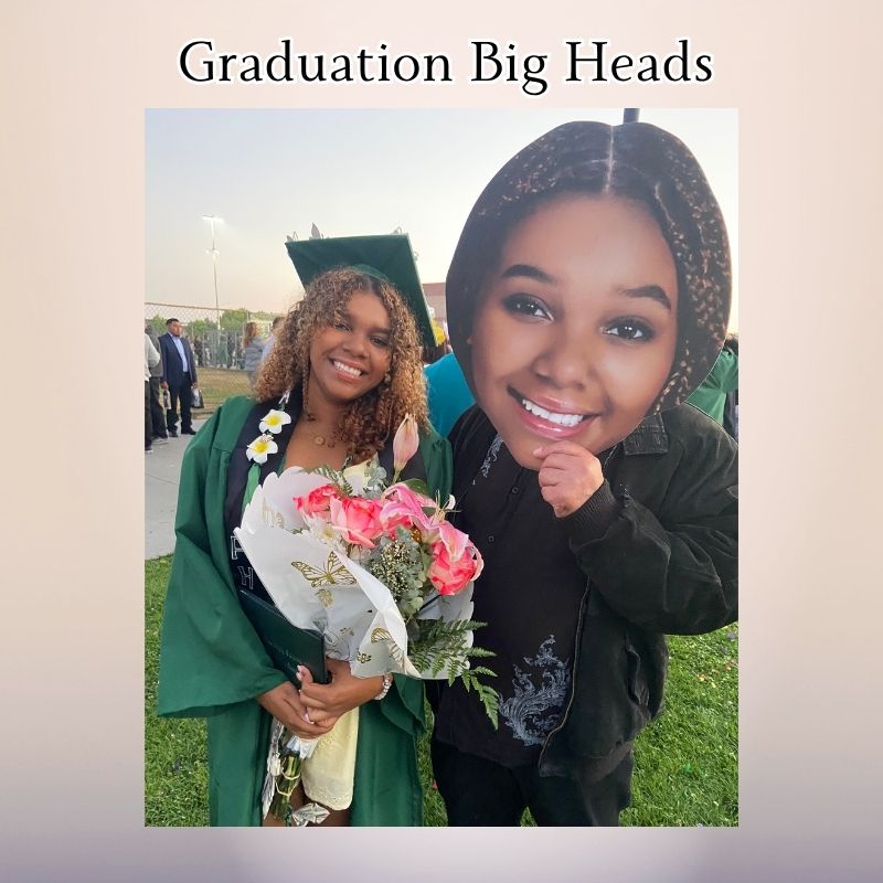 graduation celebration with big head cutout and bouquet at ceremony in Ventura California