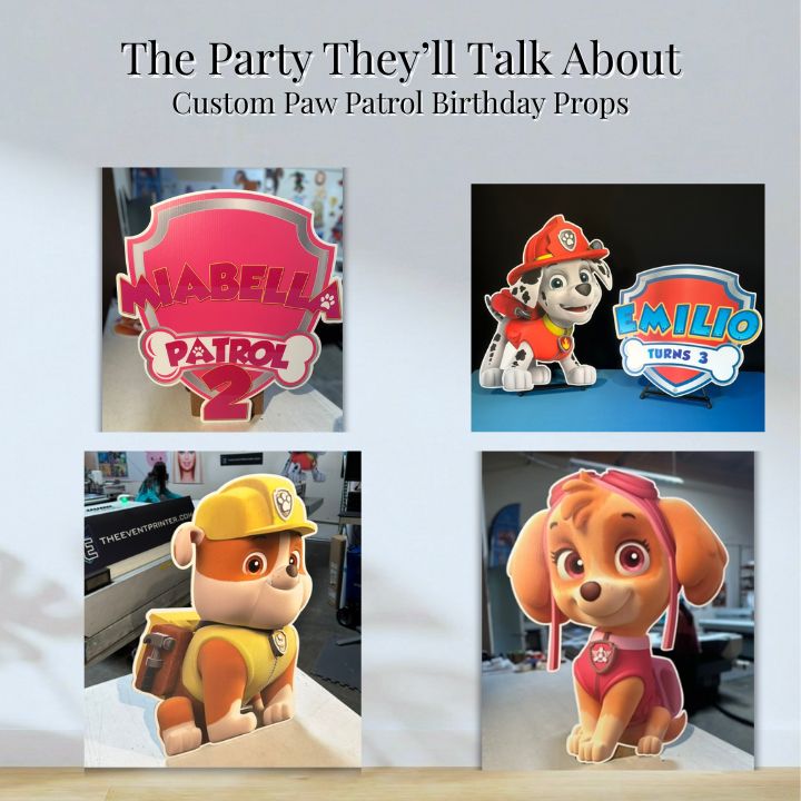 Paw Patrol birthday decorations with custom name signs and character cutouts for kids party in Oxnard