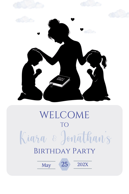 Faith-inspired family birthday welcome sign with silhouette artwork