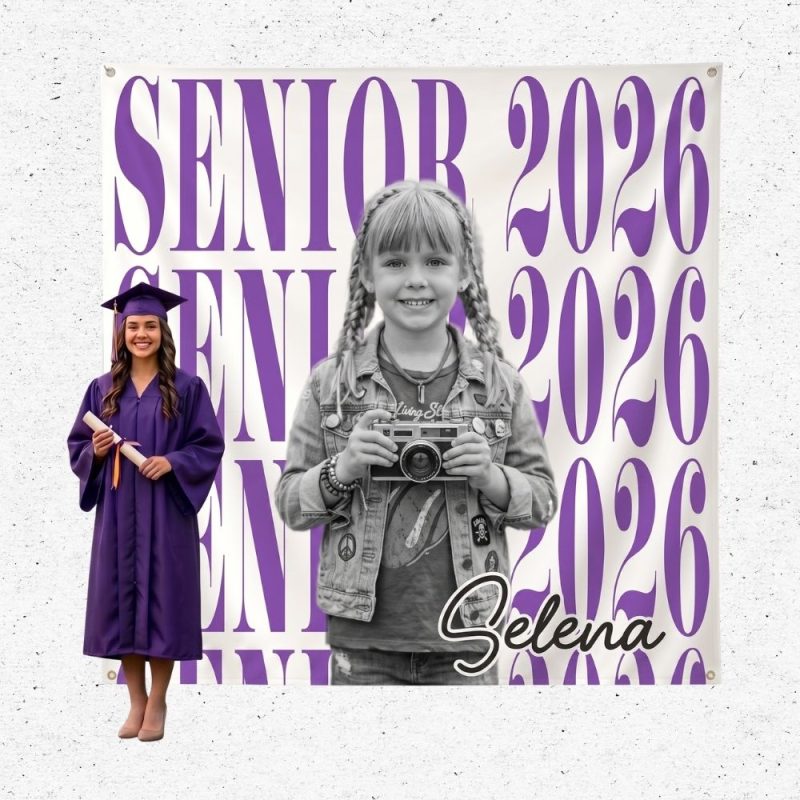 Custom senior photo banner with childhood and graduation photos