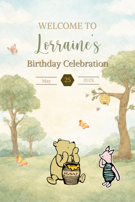 Winnie the Pooh garden party welcome sign for storybook birthday celebration