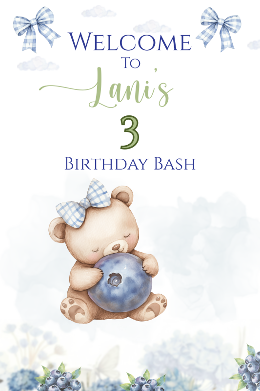 Blue berry birthday bash welcome sign with watercolor blueberry artwork
