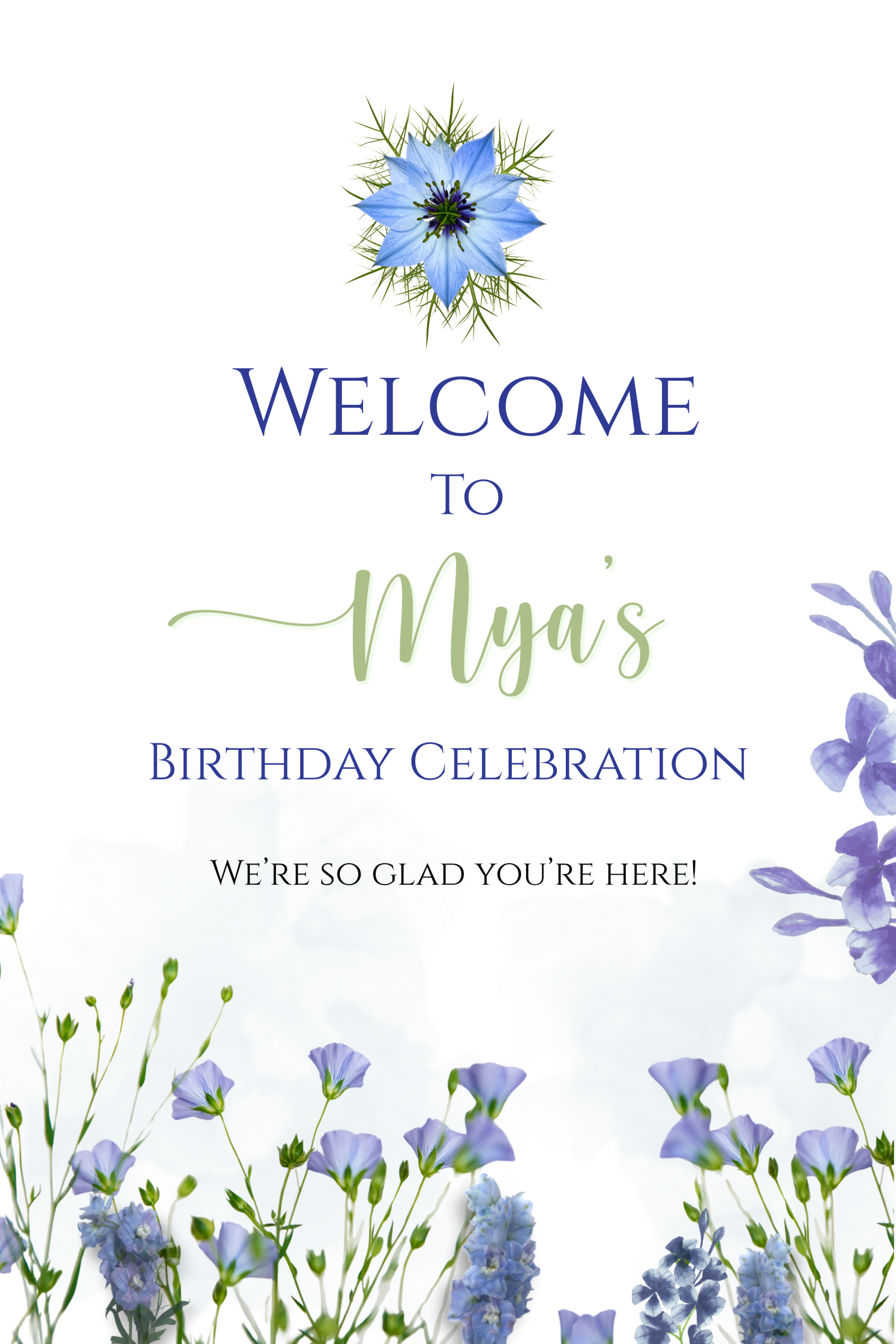 Blue Floral Birthday Welcome Sign Oxnard Elegant blue floral birthday welcome sign with watercolor flower artwork