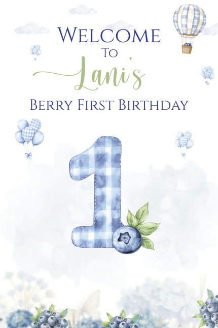Blueberry first birthday number sign with watercolor berry artwork and balloons