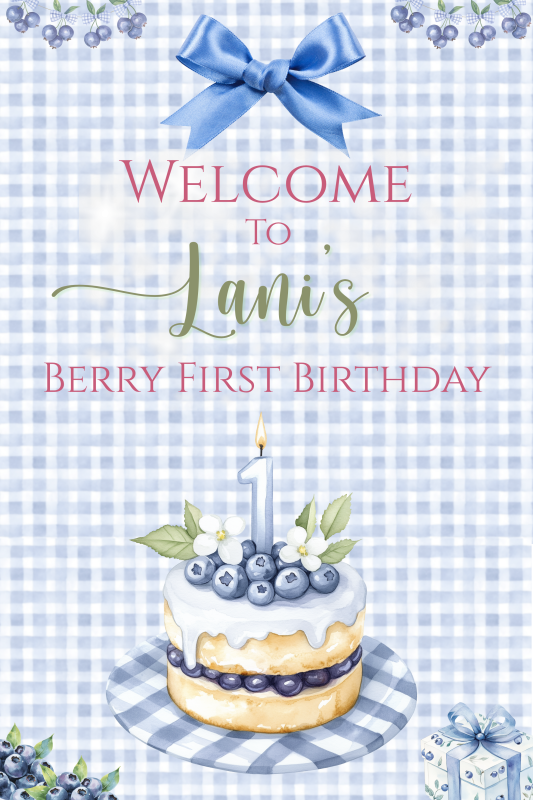 Blueberry first birthday welcome sign with watercolor berry birthday artwork