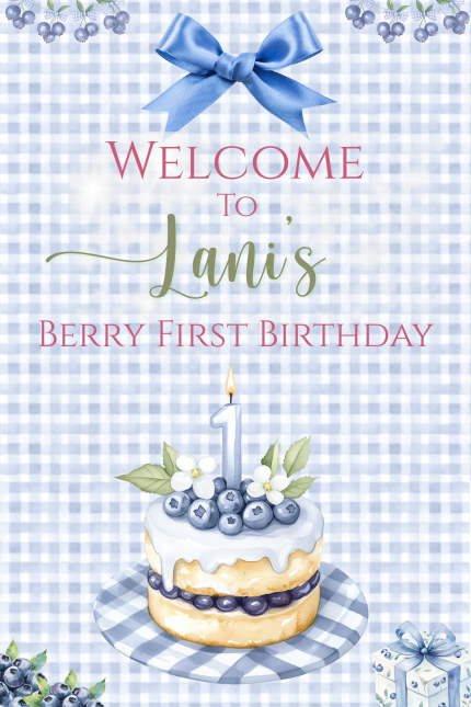 Blueberry first birthday welcome sign with watercolor berry birthday artwork