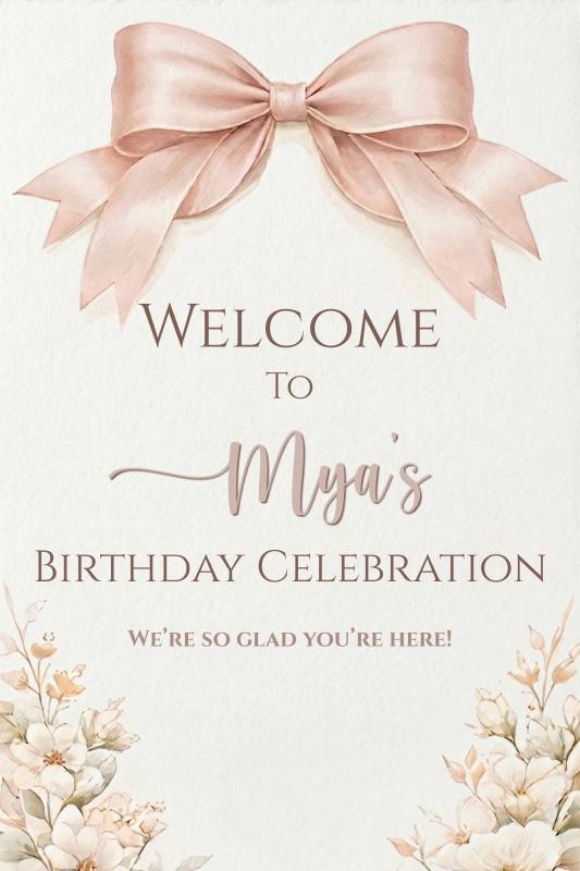 Elegant personalized girls birthday welcome sign with watercolor bow and floral accents