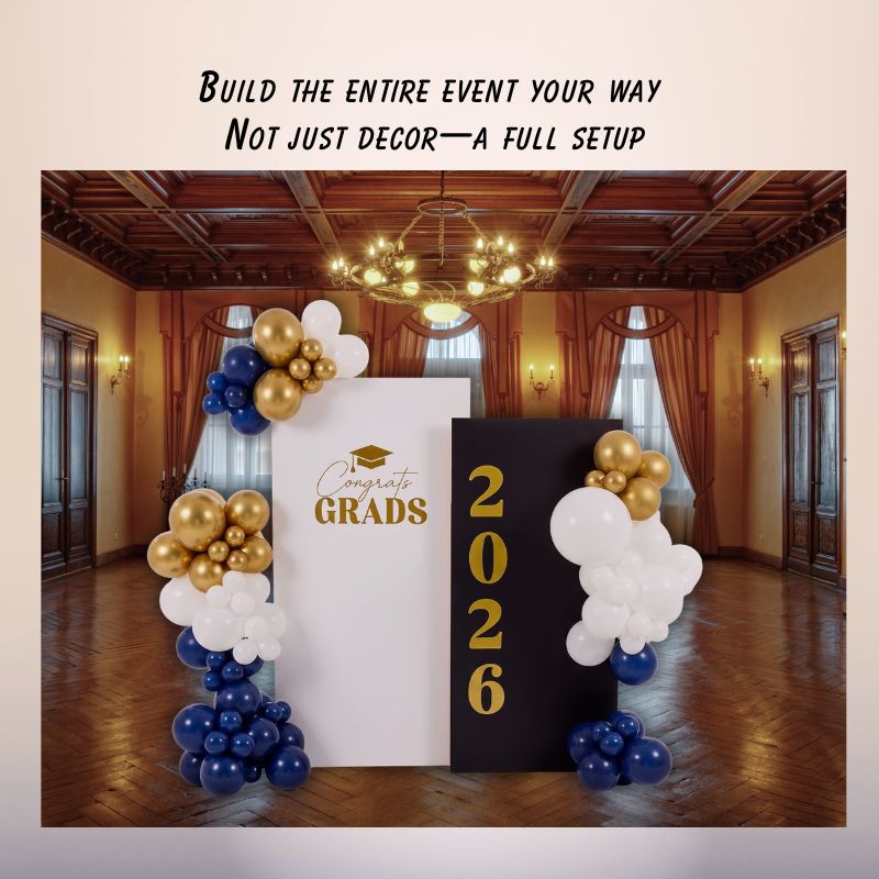 graduation backdrop full event setup black gold balloons custom oxnard