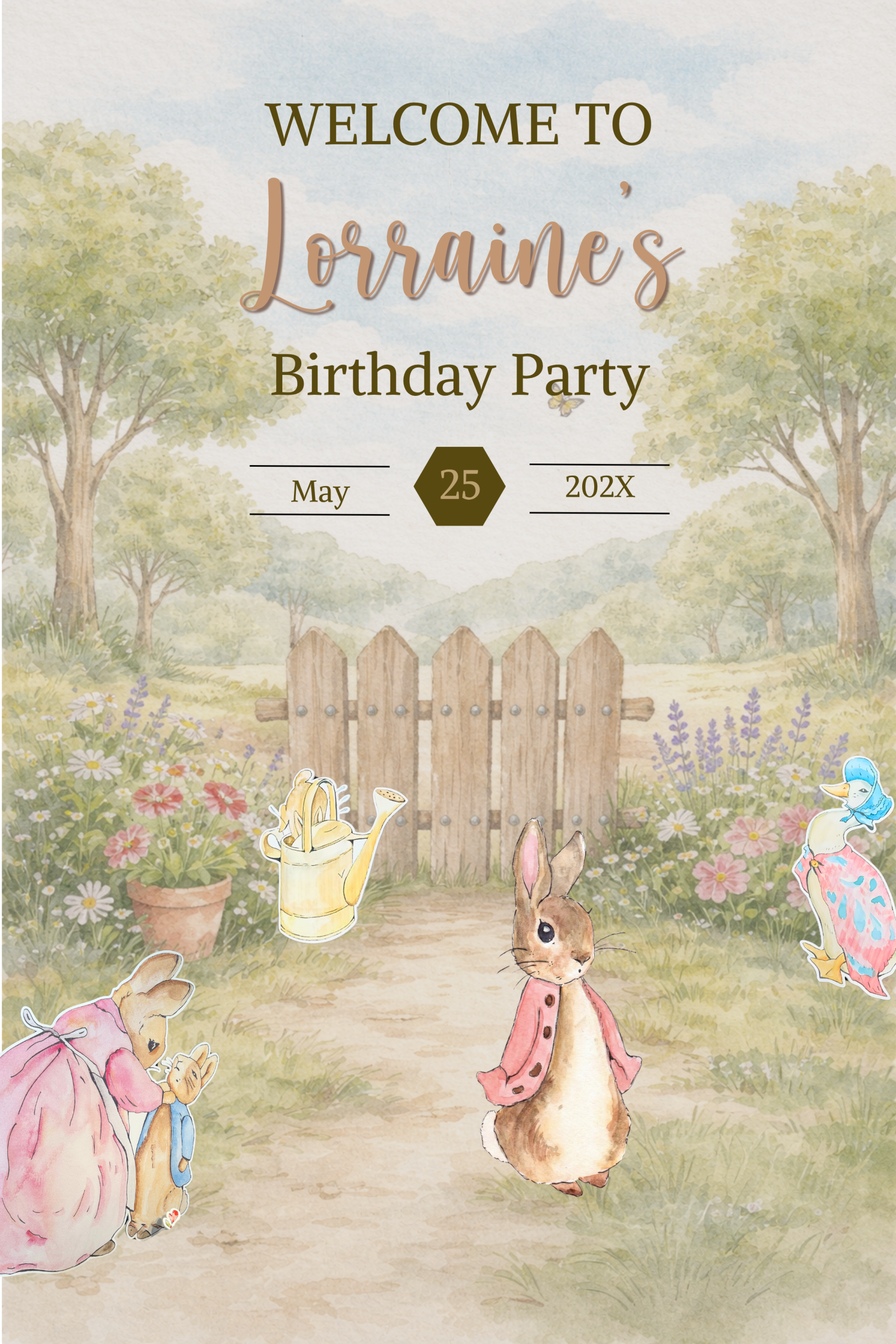 peter-rabbit-birthday-garden-welcome-sign.webp Peter Rabbit inspired birthday garden welcome sign for storybook party decor
