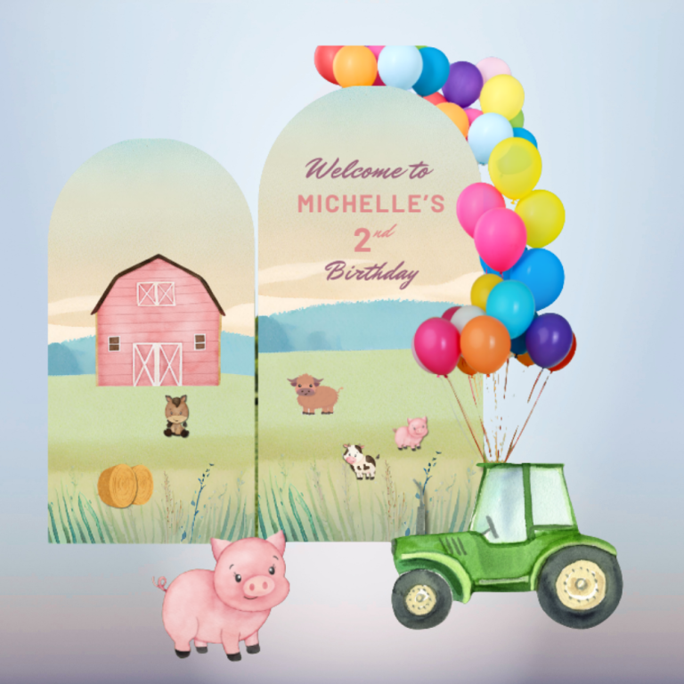 Farm Birthday Backdrop with Tractor, Barnyard Animals, Balloon Decorations and Arch Panels