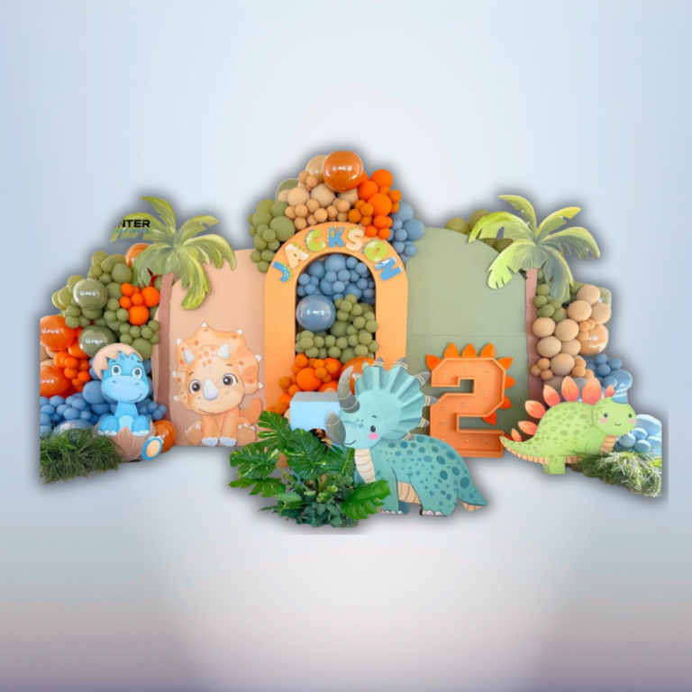 Dinosaur Birthday Backdrop with Balloon Garland, Arch Panels and Dinosaur Decorations
