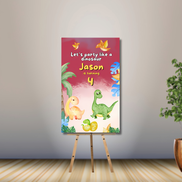Personalized dinosaur birthday welcome sign with child’s name and age displayed on an easel