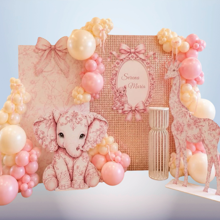 Pink Safari Birthday Backdrop with Elephant, Giraffe, Balloon Garland and Arch Panels