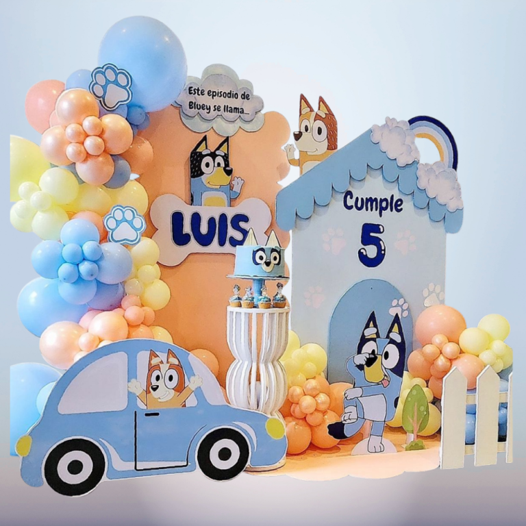 Bluey Birthday Backdrop with Character Cutouts, Balloon Garland and Party Decorations
