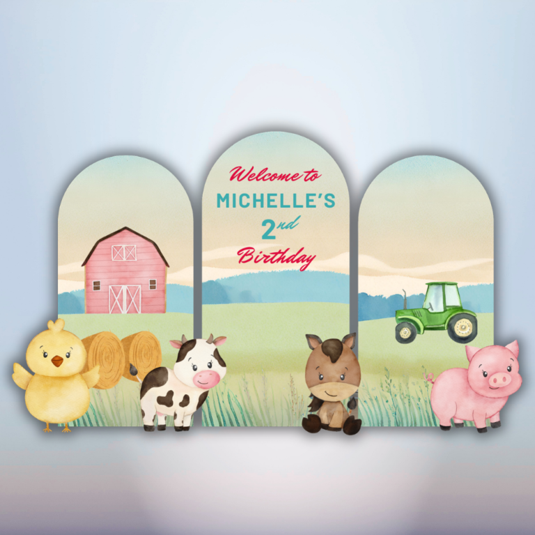 Farm Animal Birthday Backdrop with Barn, Tractor, and Farm Animals