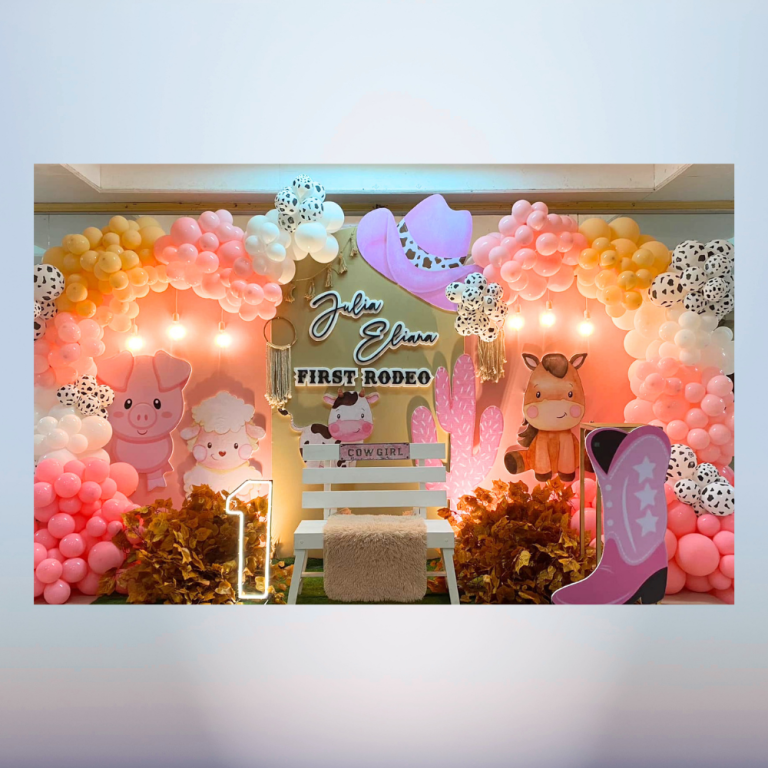 Pink Cowgirl First Rodeo Birthday Backdrop with Balloon Garland
