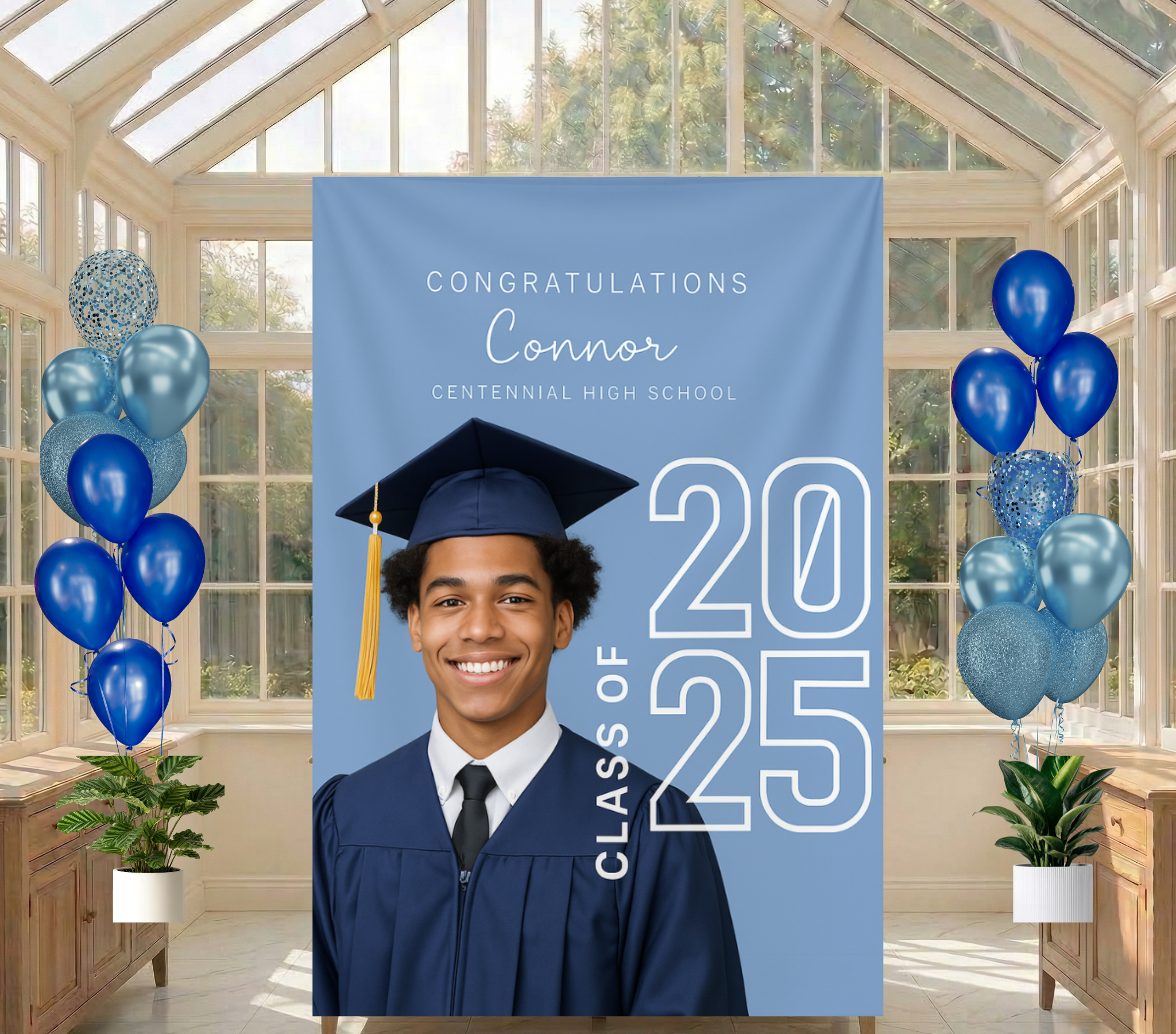 Graduation Celebration Decor Camarillo Personalized Class of 202X graduation banner with a graduate portrait, name Connor and blue balloon decorations