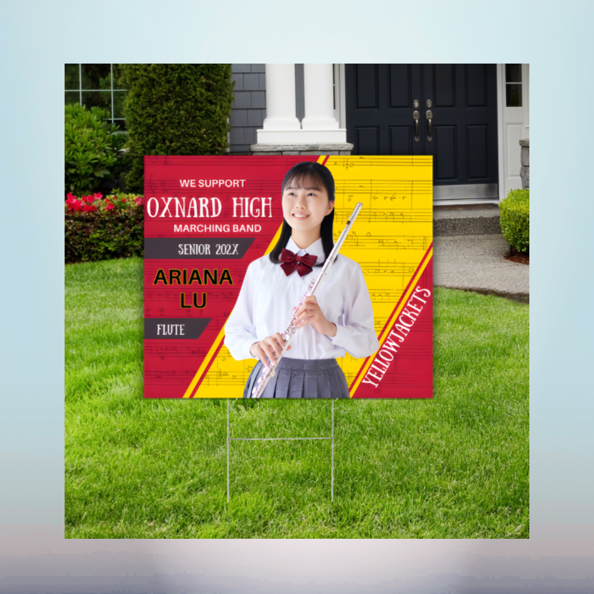 Oxnard High School Marching Band Senior Yard Sign – Lawn Display Red and yellow Oxnard High marching band yard sign with a flutist photo and the name Ariana Lu displayed on a lawn.