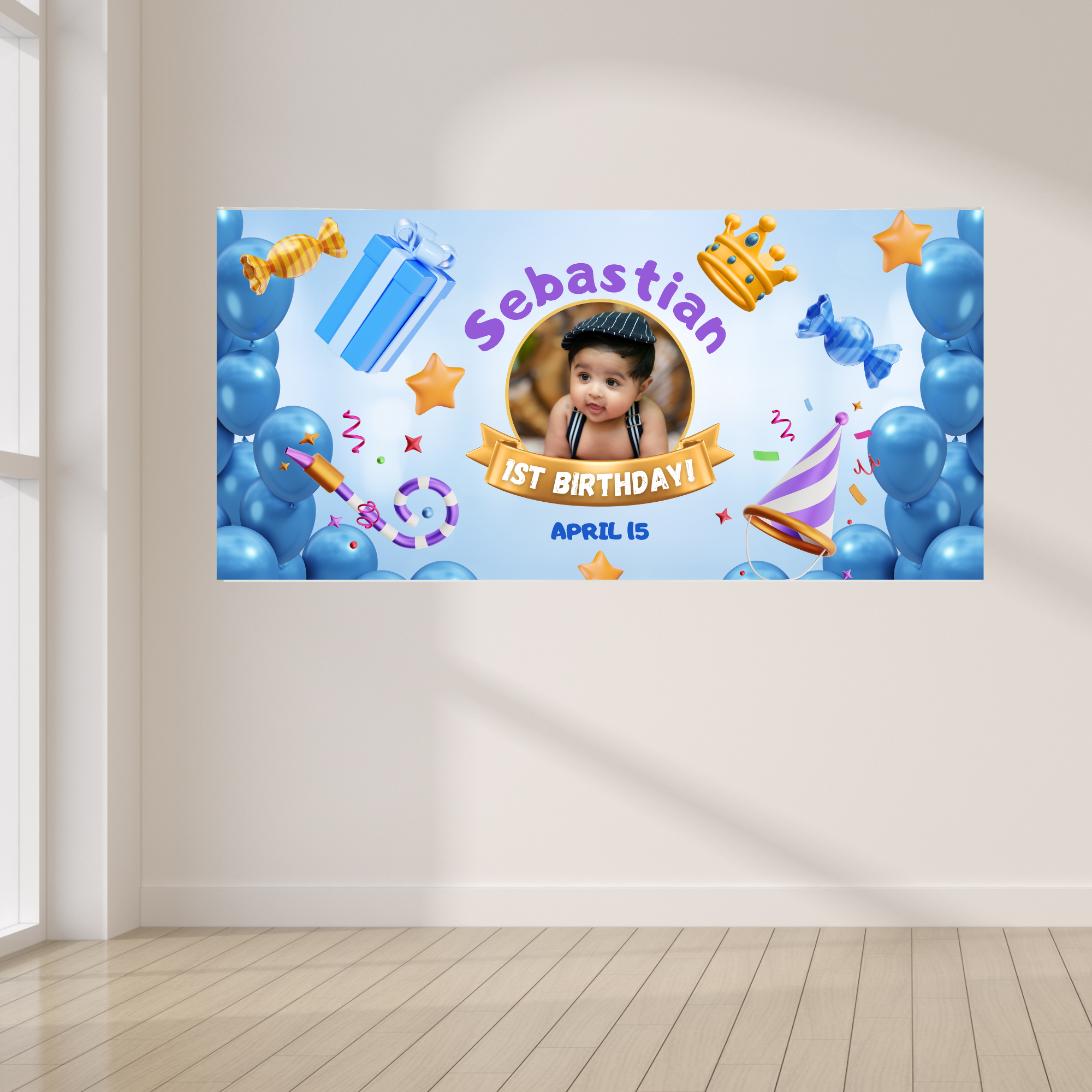 Custom blue first birthday banner with baby photo, personalized name, balloons, crown and party decorations