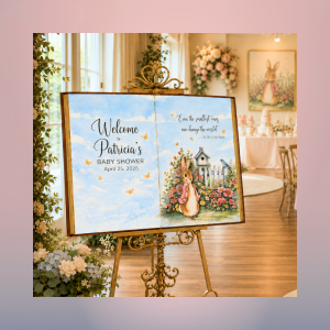 Storybook bunny baby shower welcome sign personalized with name and date on decorative book-shaped display