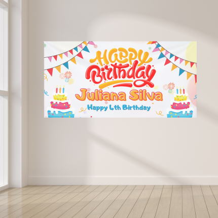 Colorful custom 4 x 8 kids birthday banner with personalized name, bunting and birthday cake graphics
