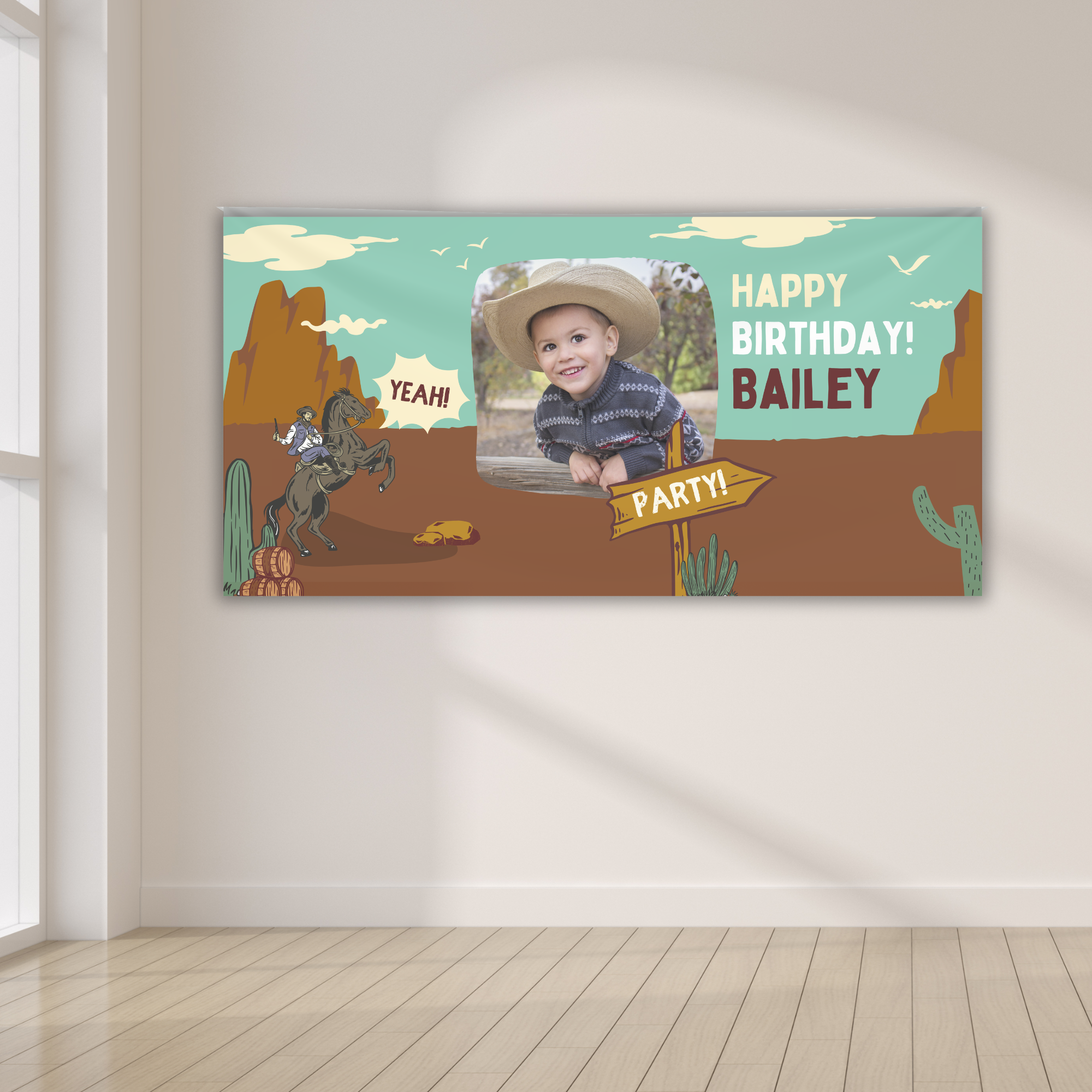 Custom 4 x 8 kids western birthday banner personalized with a child’s photo, name and cowboy party design