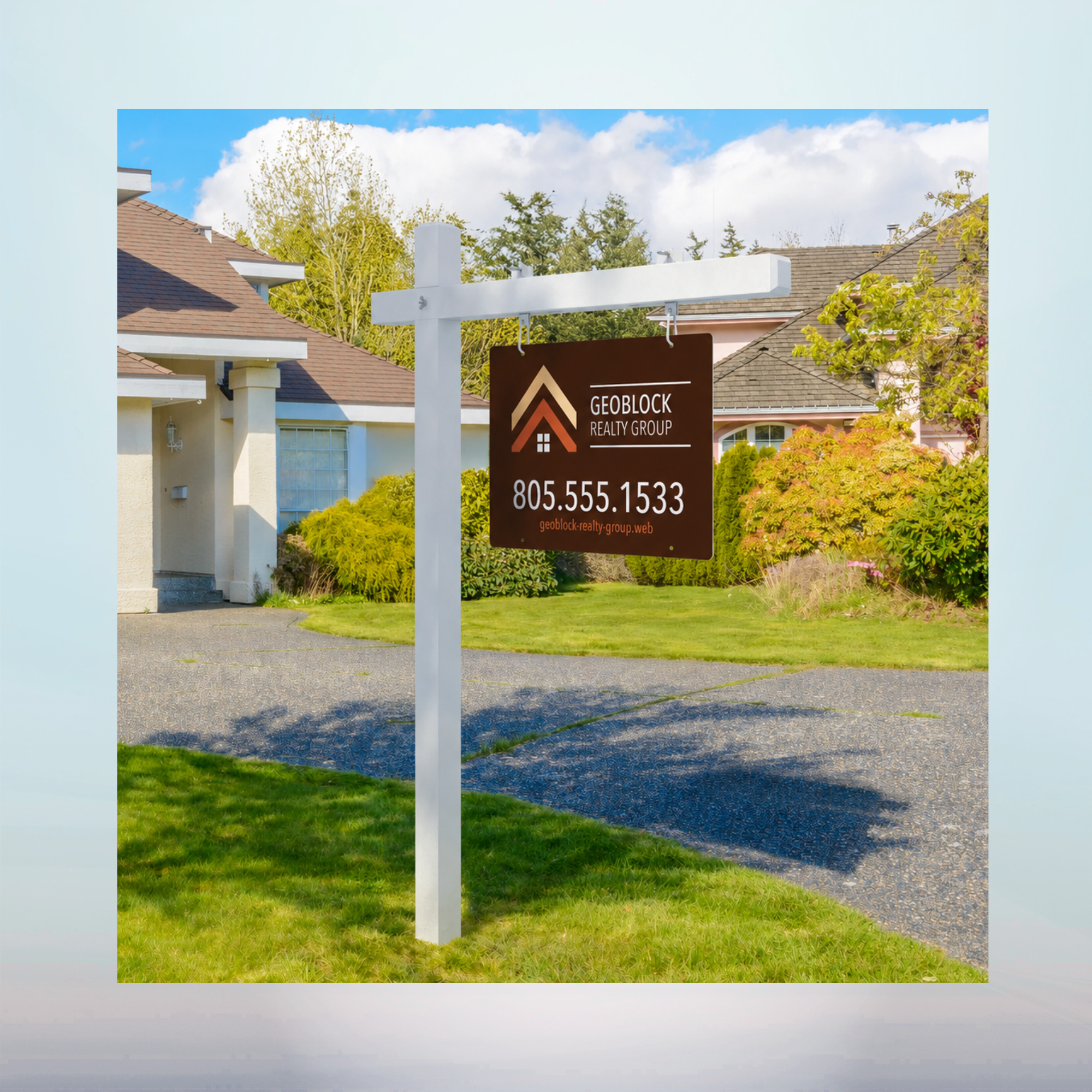 custom-acm-real-estate-sign-oxnard Custom ACM real estate sign mounted on a white post in front of a residential property