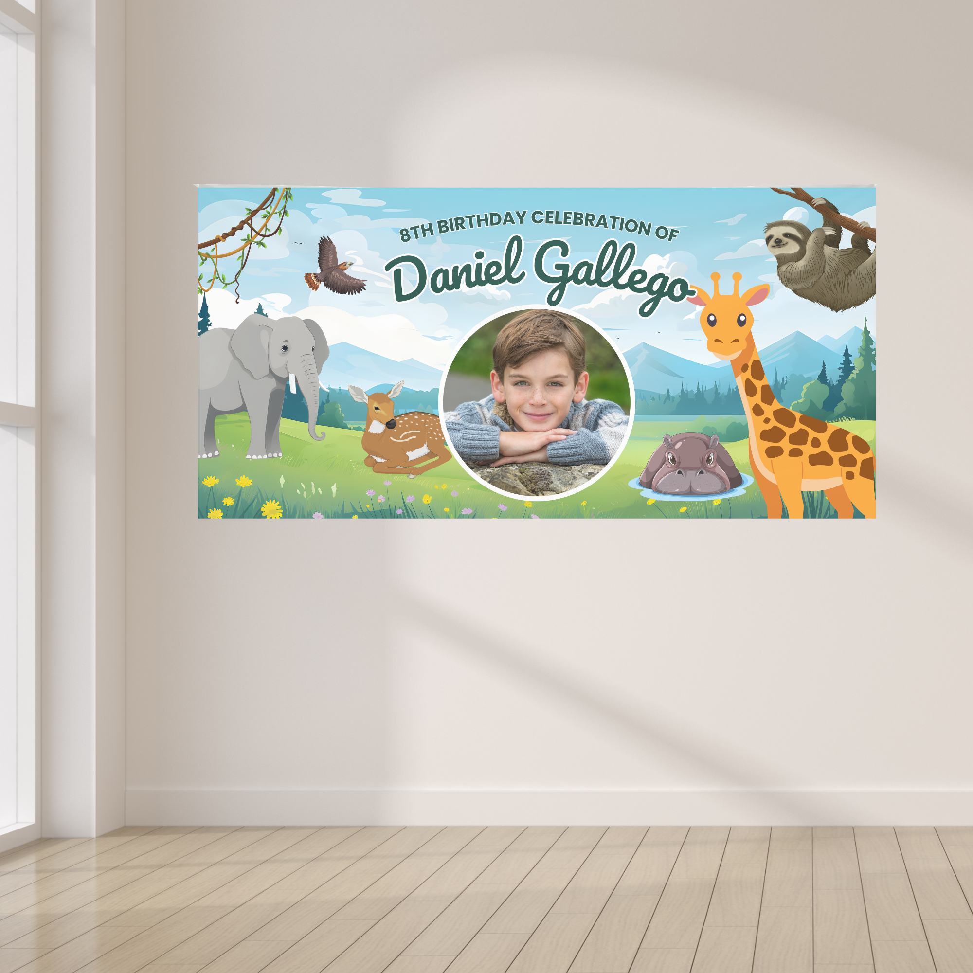 Custom 4 x 8 safari animal birthday banner with child’s photo, name, age and wildlife illustrations