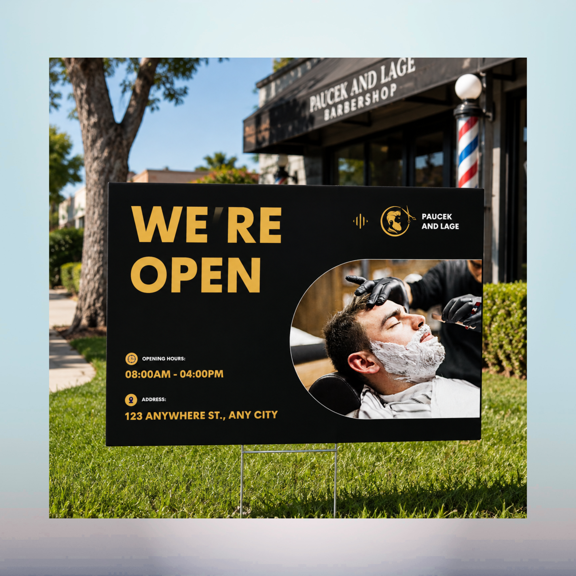 custom-business-were-open-yard-sign-ventura-county Custom We're Open business yard sign displayed outside a barbershop